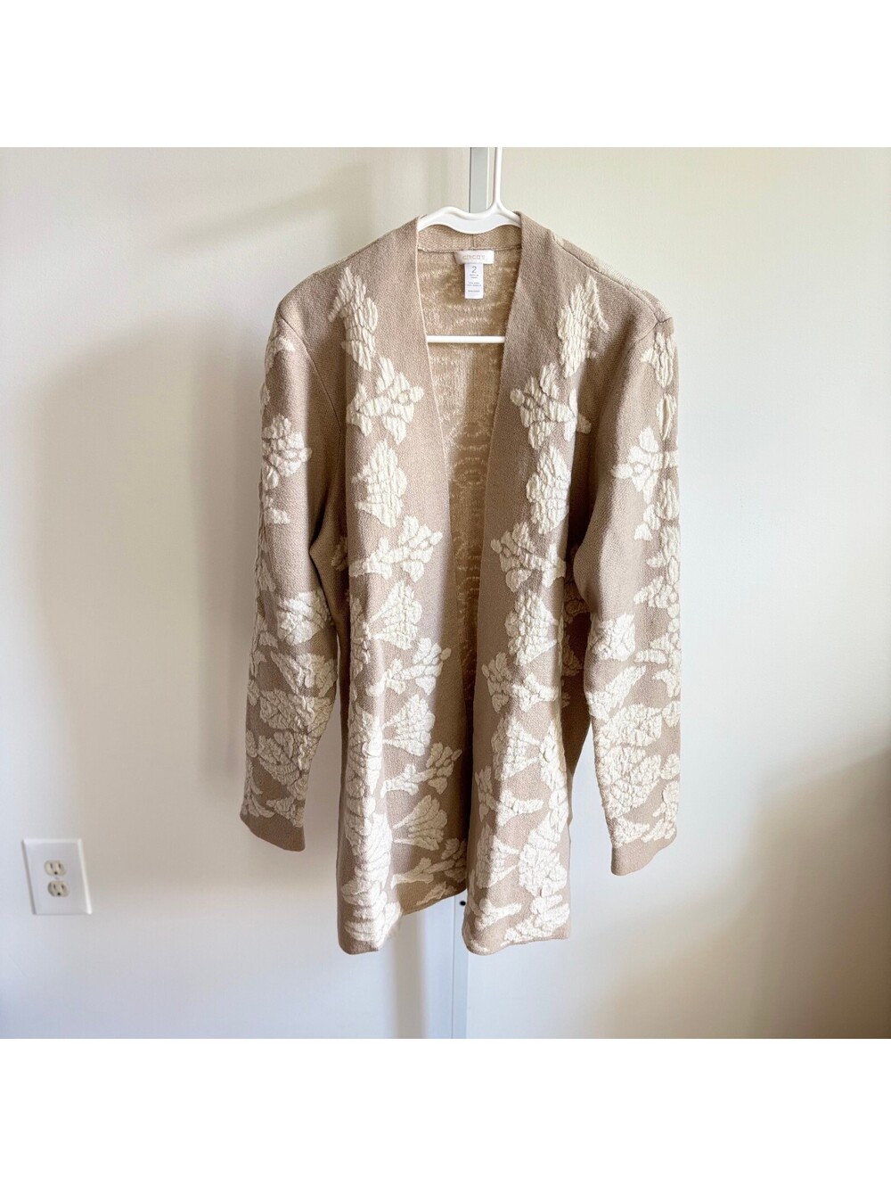 Chico's EUC Women's Cream Etched Floral Wool Blend Open Cardigan Size L